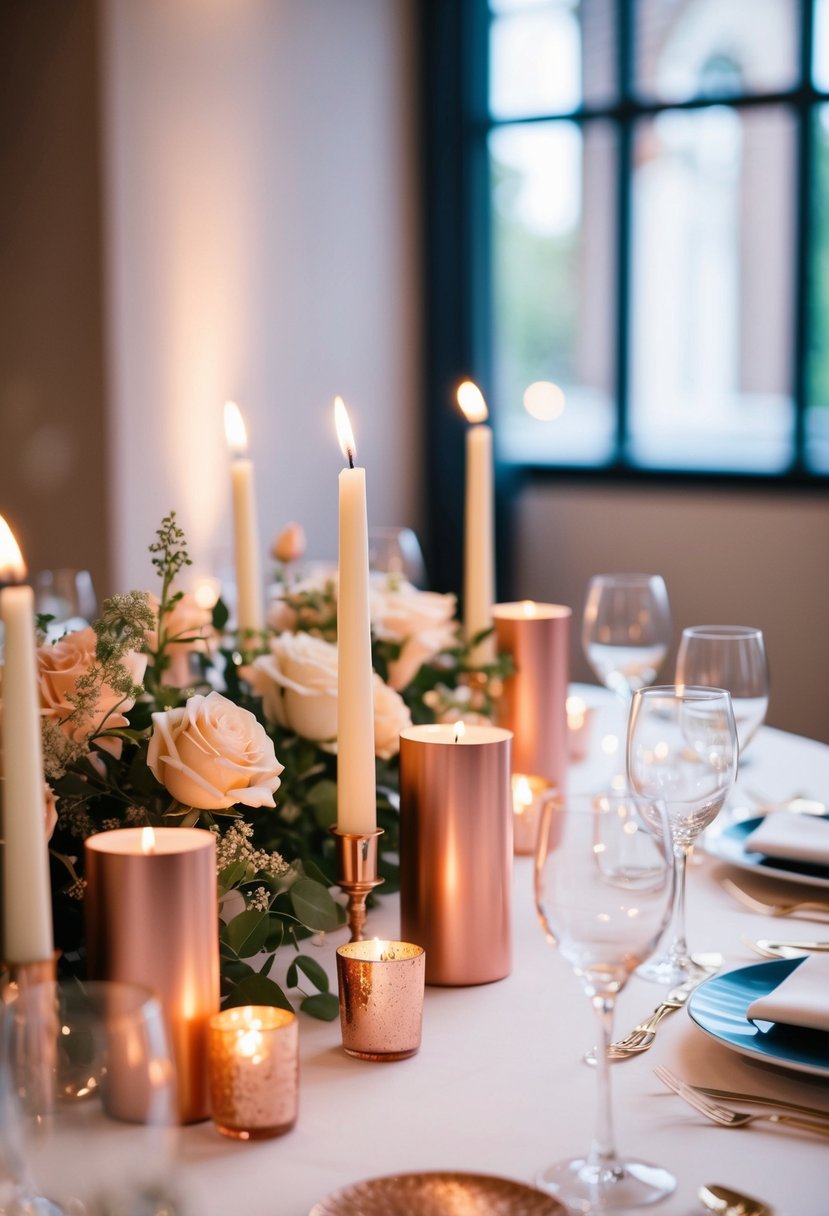 A table adorned with rose gold accented candles for an elegant wedding setting