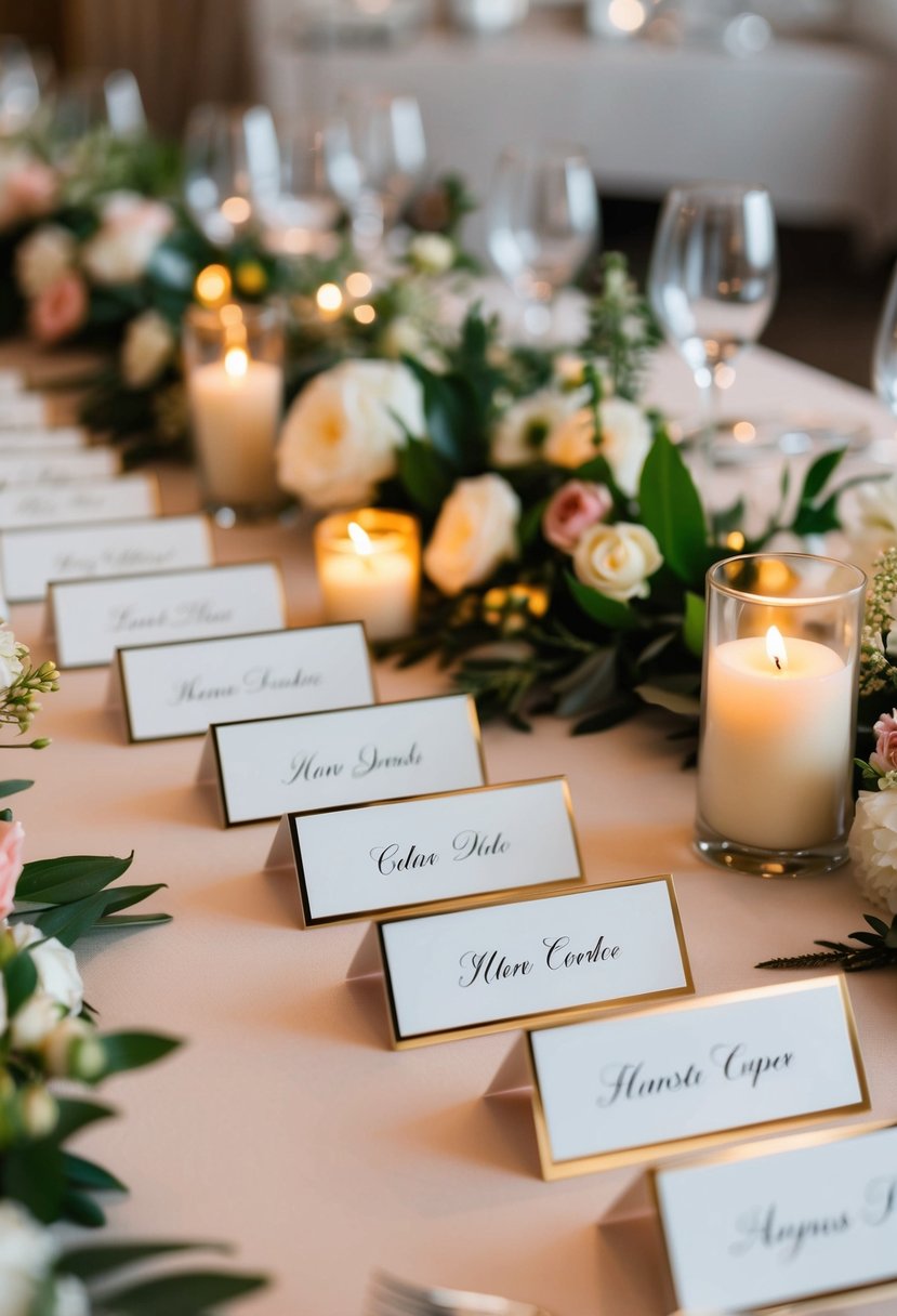 Elegant name cards arranged on a table with floral and candle accents for an August wedding