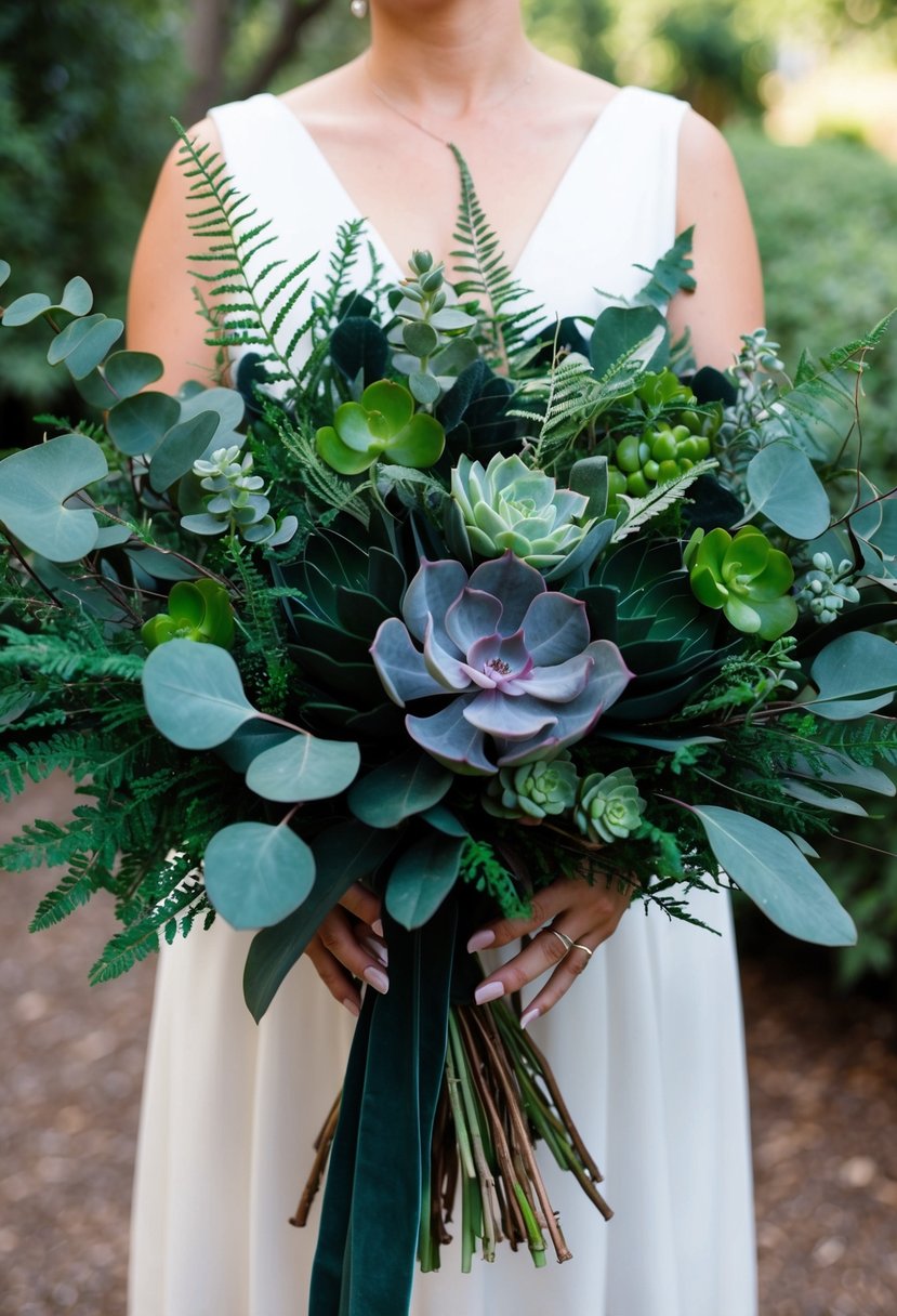 A lush, dark green wedding bouquet featuring eucalyptus, ferns, and succulents, tied with a velvet ribbon