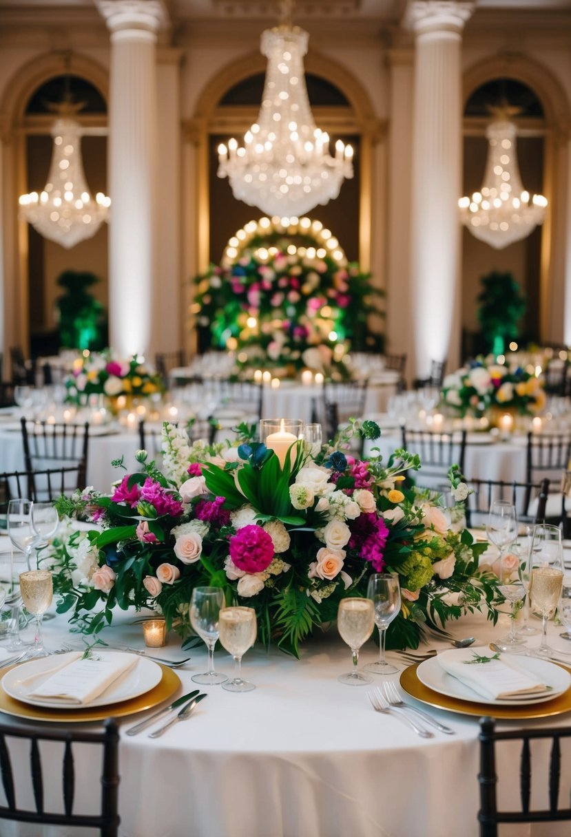 A grand table adorned with lush, vibrant floral centerpieces, exuding elegance and sophistication, perfect for a luxurious wedding celebration