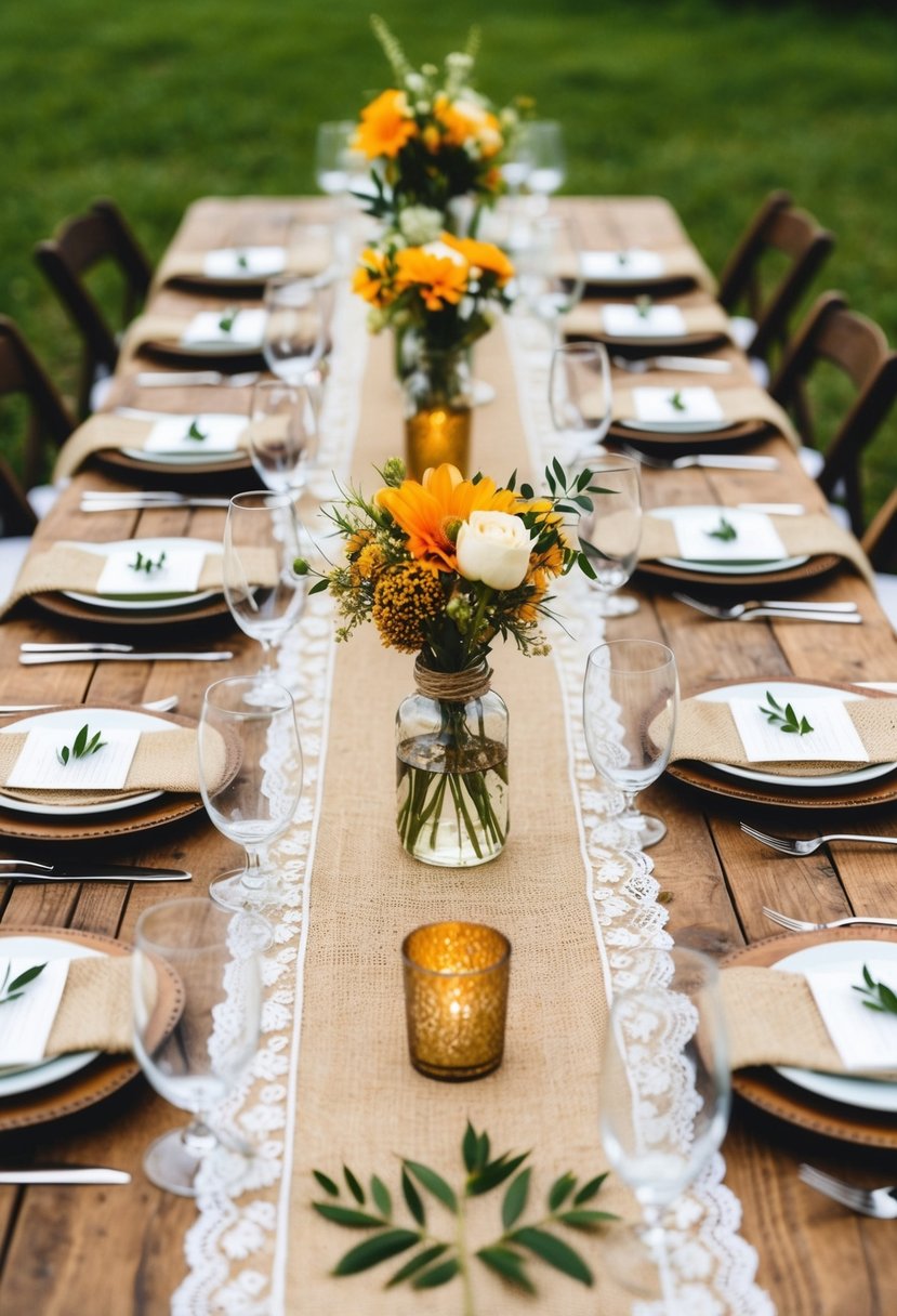 A rustic table adorned with layered burlap and lace settings for an August wedding