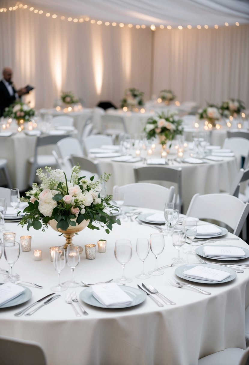 White tablecloths draped over tables, adorned with delicate floral centerpieces and sparkling silverware, create an elegant wedding setting