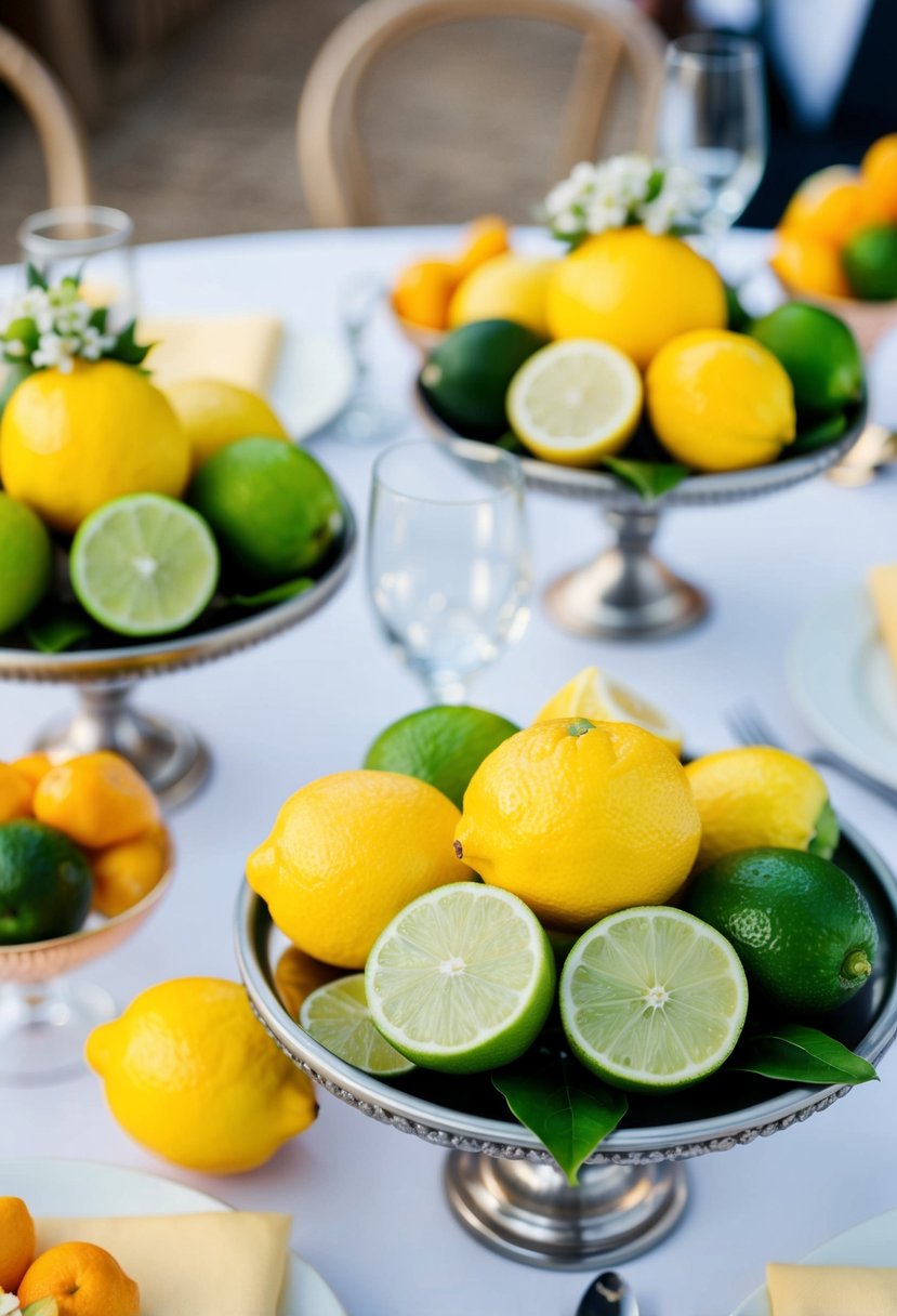 Bright lemons and limes adorn a wedding table with fresh fruit accents