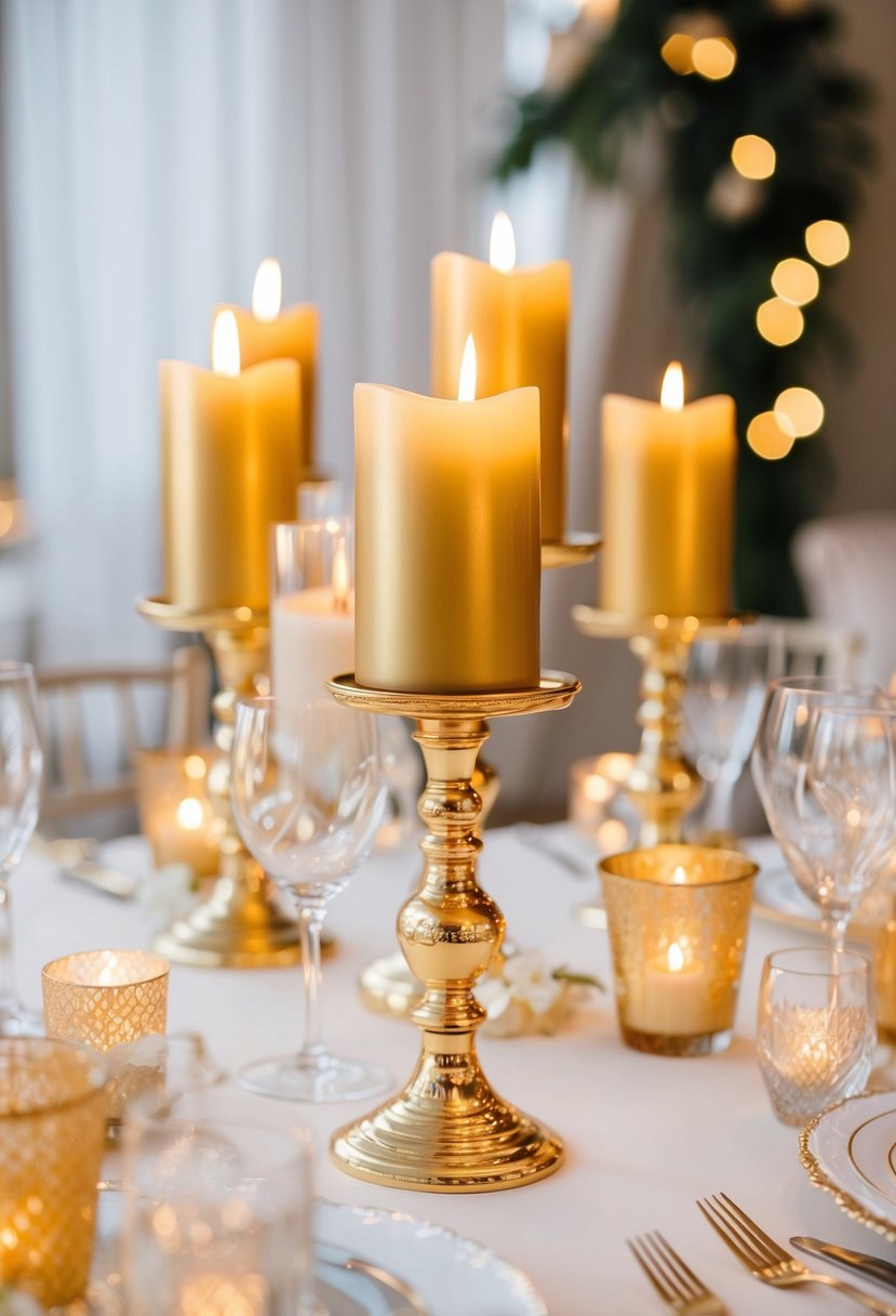 Golden candle holders adorn a beautifully set wedding table, adding an elegant and romantic touch to the decor