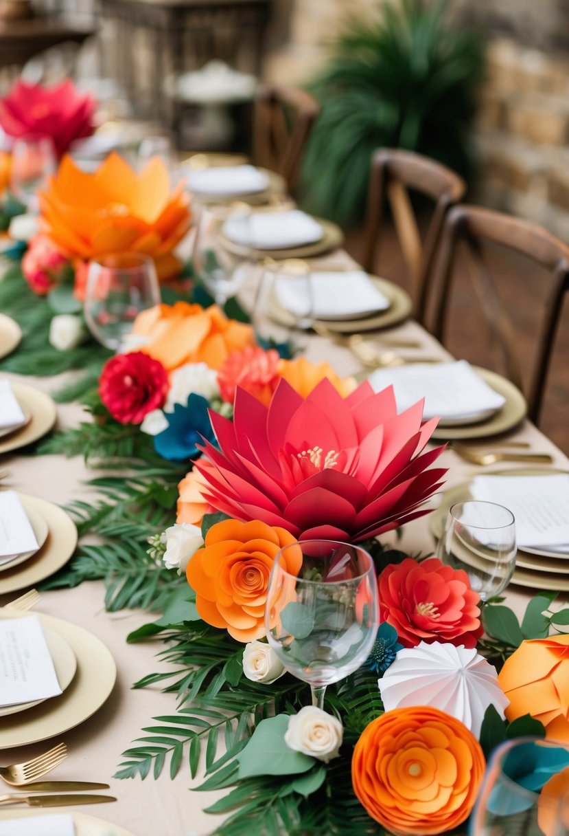 A table adorned with vibrant paper flower arrangements for an August wedding