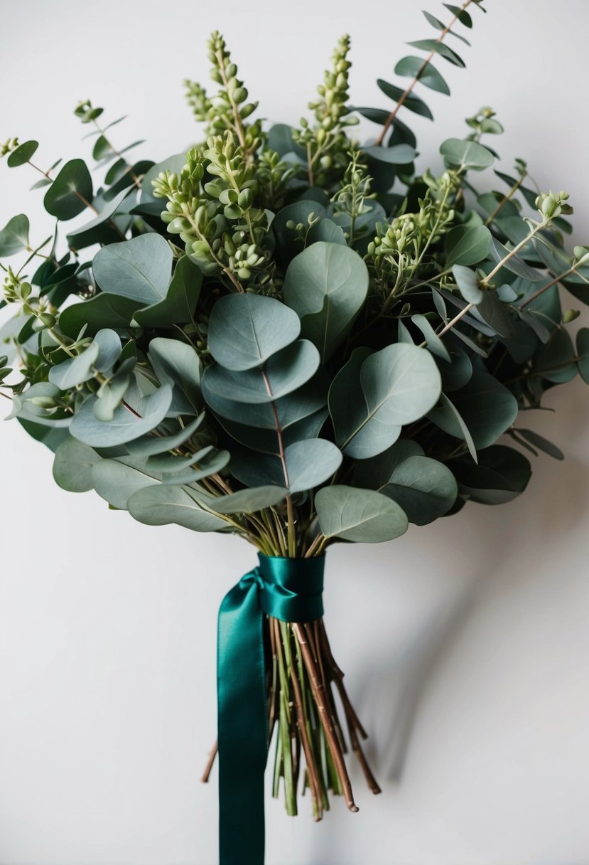 A lush eucalyptus bouquet with deep green accents, tied with a satin ribbon