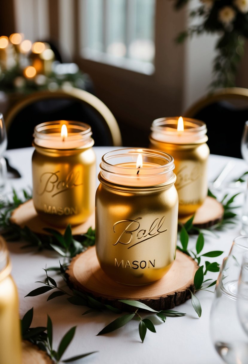 Gold-painted mason jars holding candles, arranged on a wedding table with floral accents, creating a warm and elegant ambiance