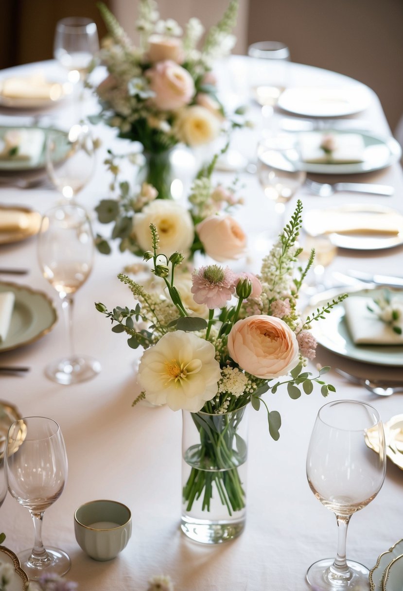 A table adorned with delicate floral arrangements in soft pastel colors, creating an elegant and romantic atmosphere for a wedding celebration