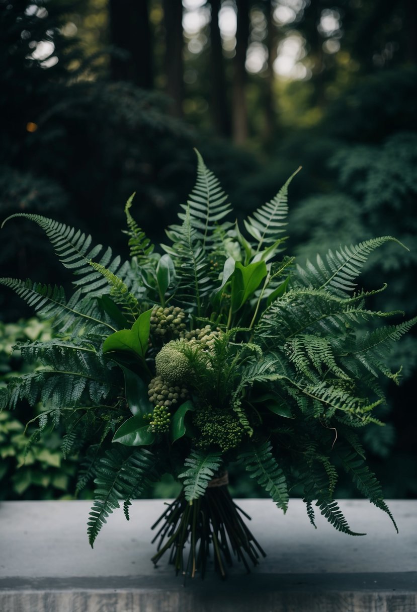 A lush, moody bouquet of dark green ferns and foliage