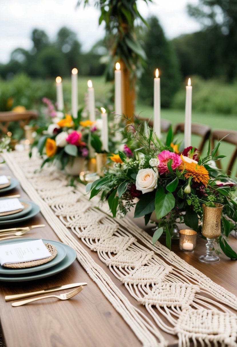 Bohemian macramé runners and placemats adorn an August wedding table, with lush greenery and vibrant blooms as accents