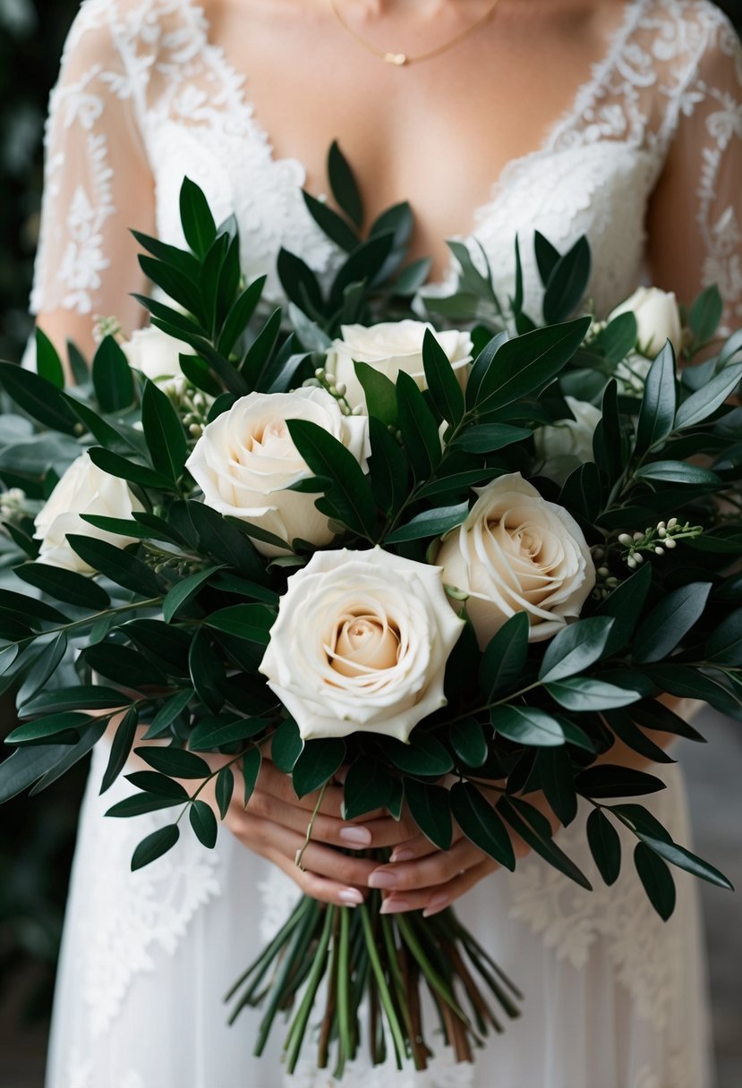 An elegant bouquet of dark green laurel leaves and ivory roses intertwined, creating a sophisticated and timeless wedding arrangement