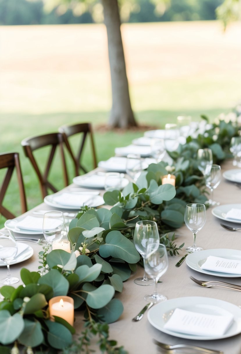 A table adorned with eucalyptus garlands and simple greenery for an August wedding