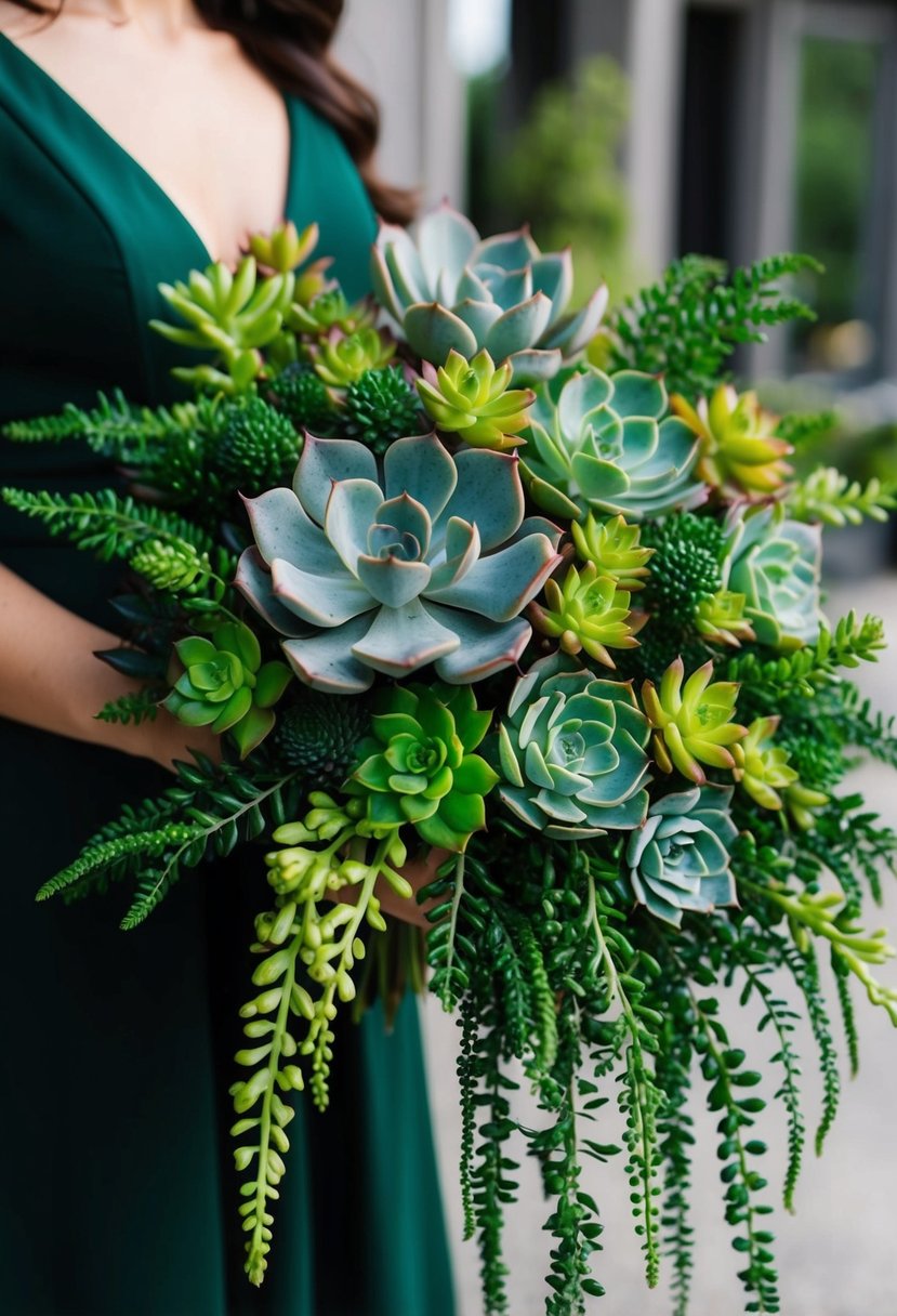 A vibrant arrangement of succulents with rich, deep green foliage cascading in a dark green wedding bouquet