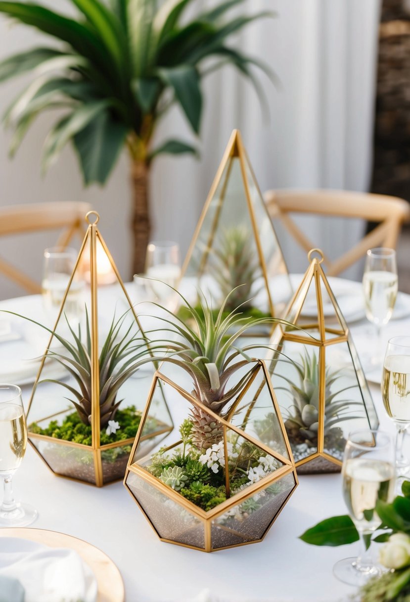 Geometric terrariums with air plants adorn a chic wedding table