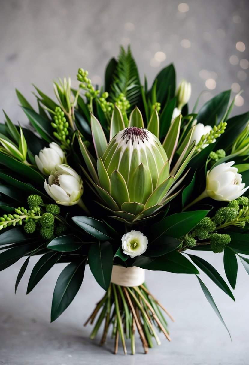 A lush bouquet of rich green protea and white flowers, surrounded by dark green foliage, arranged in a modern and elegant style