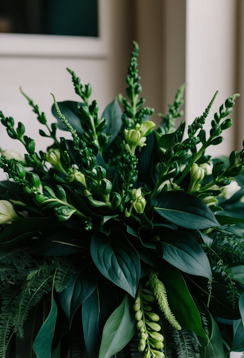 A lush, dark green amaranthus bouquet, nestled among deep green foliage, creating a dramatic and elegant wedding centerpiece