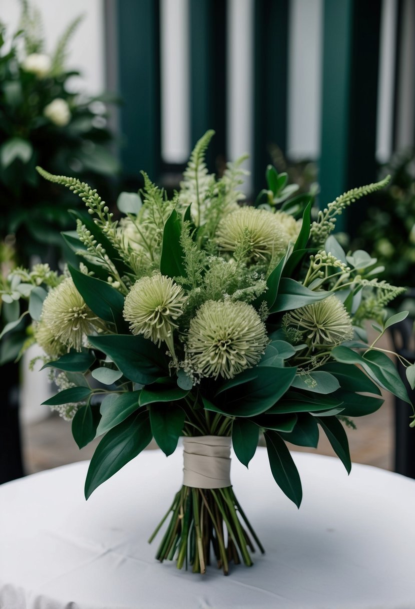 A lush bouquet of velvet dusty miller with green undertones, accented by dark green foliage, creates an elegant and sophisticated wedding bouquet