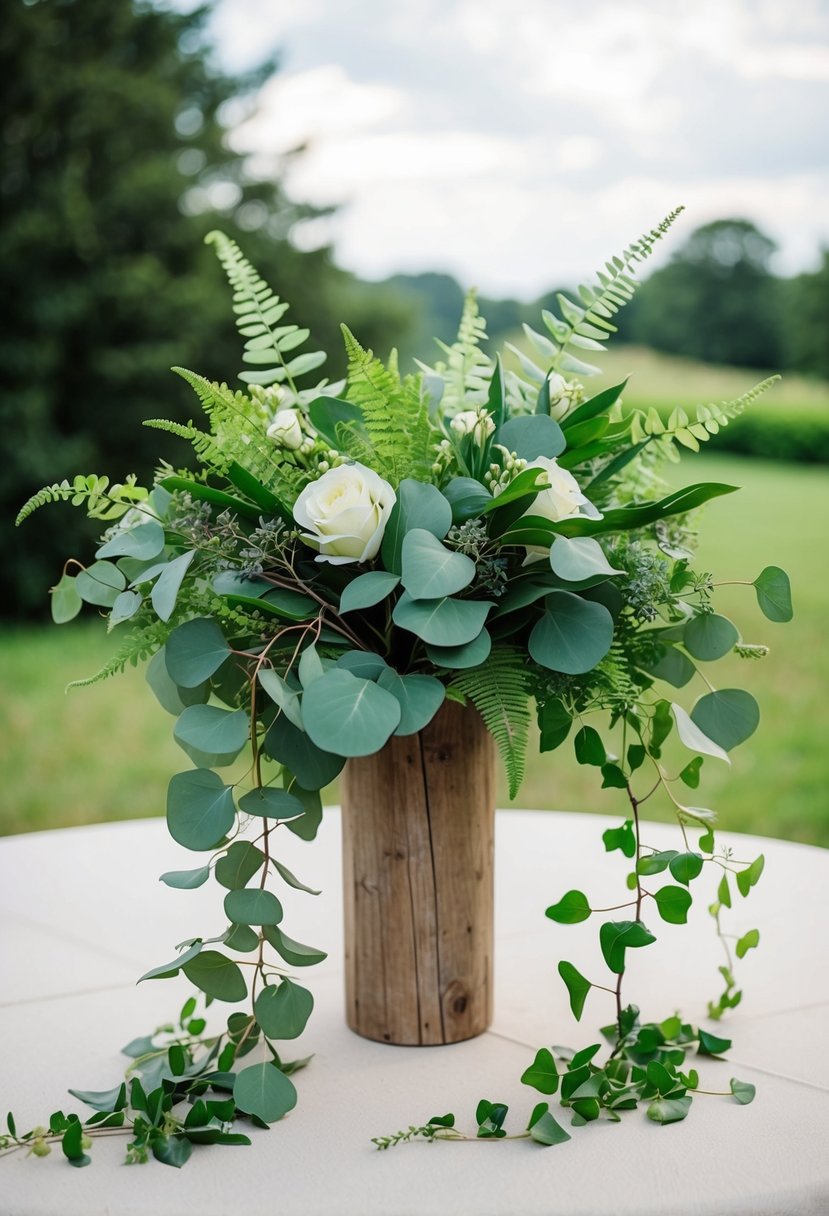 A lush greenery wedding bouquet with eucalyptus, ferns, and ivy cascading from a rustic wooden vase