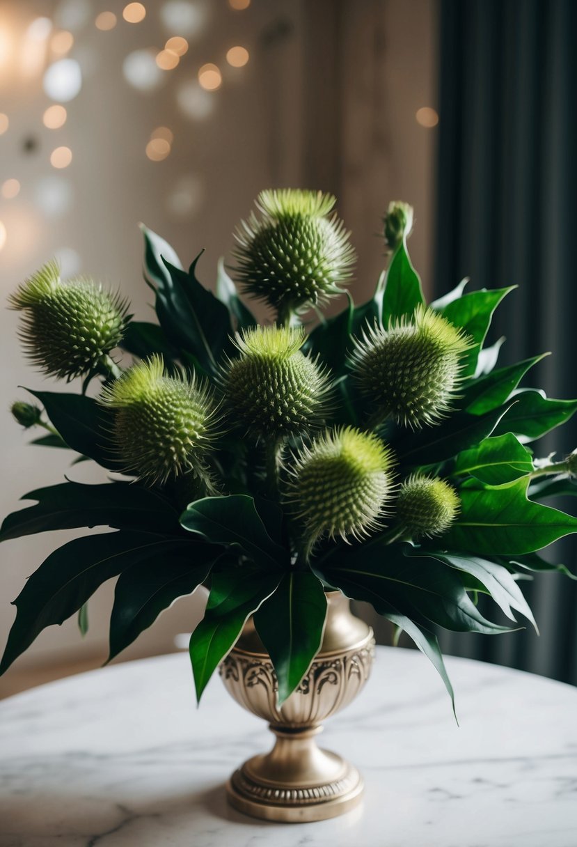 A lush, sophisticated green thistle bouquet with dark green foliage, arranged in an elegant and ornate vase