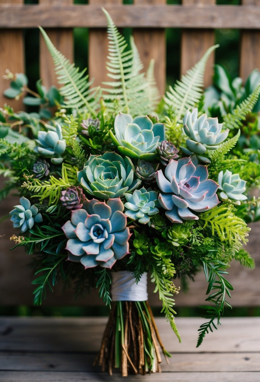 A lush bouquet of succulents and ferns, intertwined with delicate greenery, creates a stunning and earthy wedding bouquet