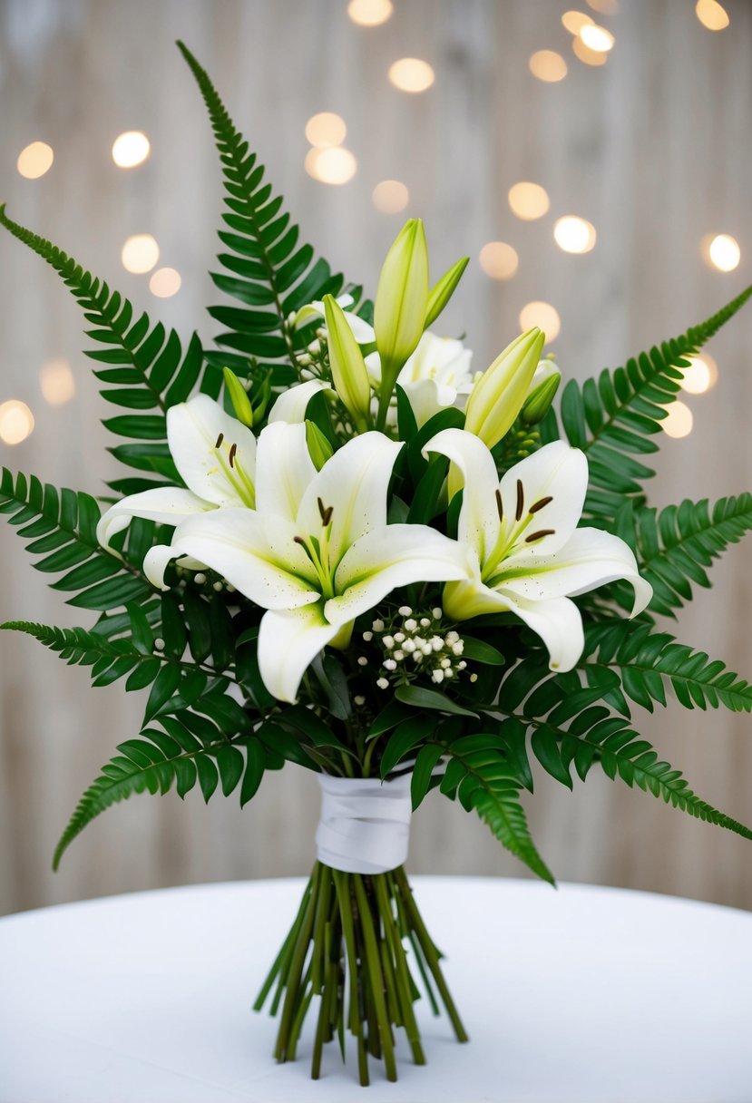 A dark green fern and white lilies arranged in a wedding bouquet