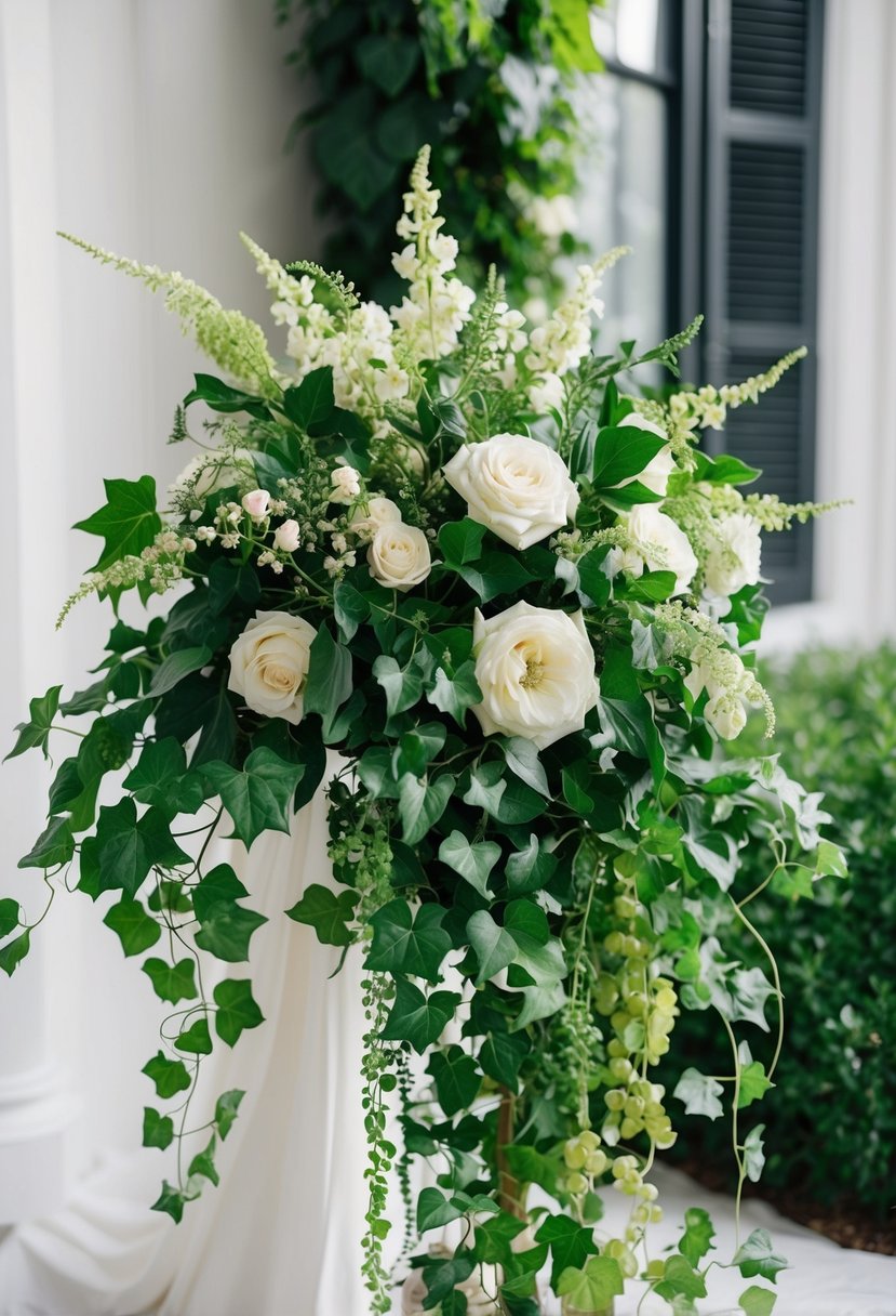 An elegant wedding bouquet featuring cascading ivy and various greenery, creating a lush and romantic atmosphere