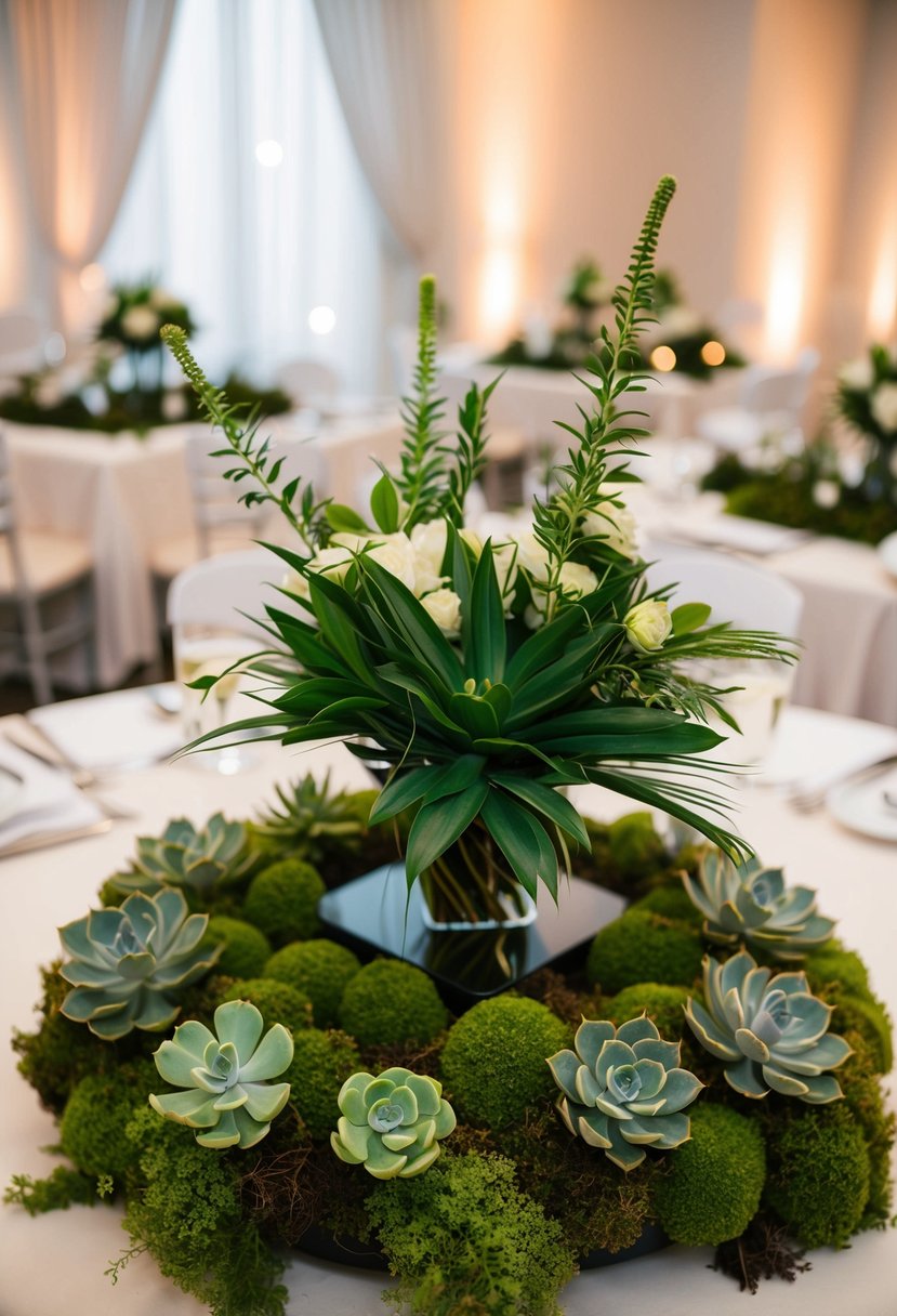 A lush greenery centerpiece surrounded by succulents and moss on a wedding reception table