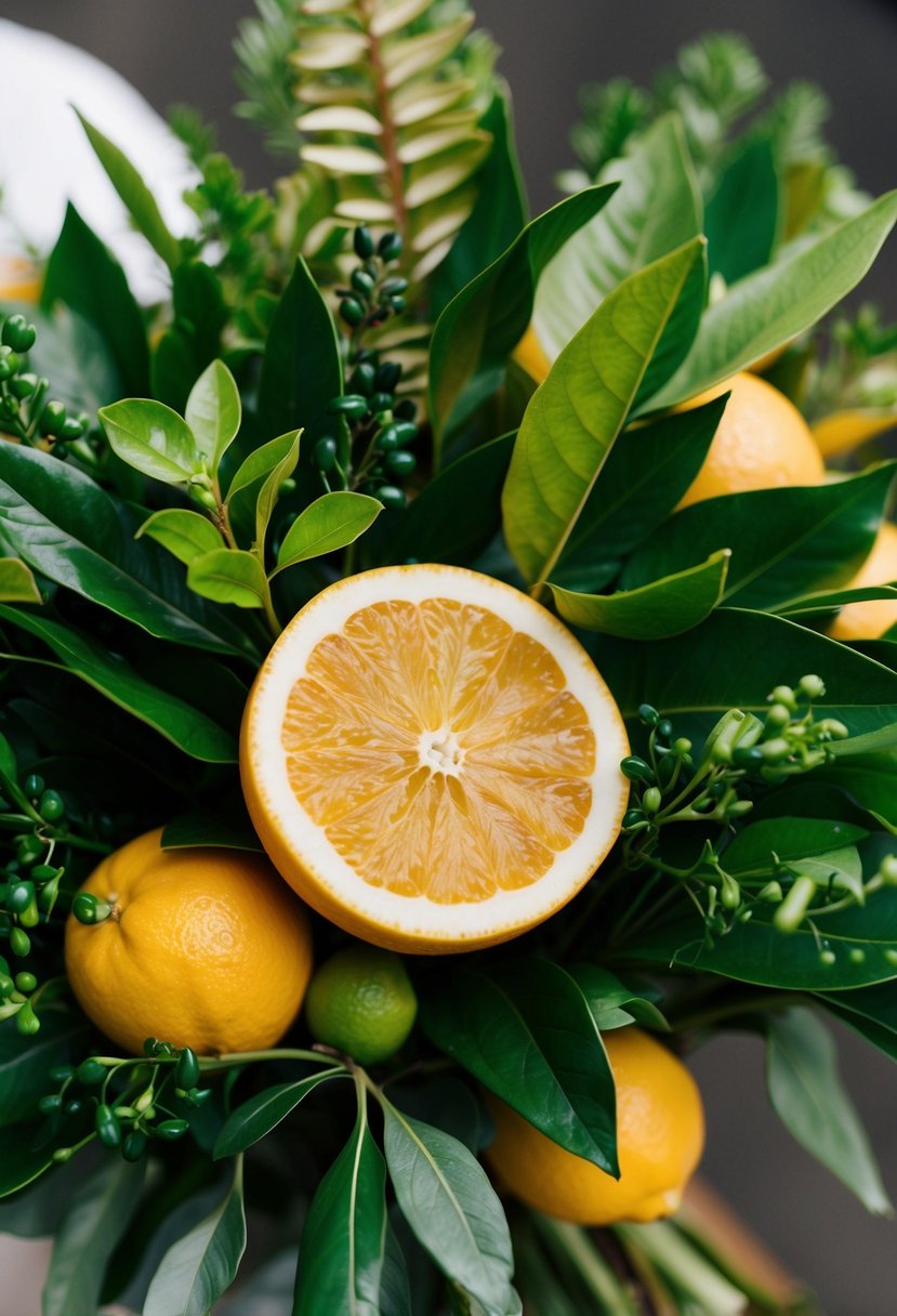 Fresh citrus leaves intertwine with deep green foliage in a lush wedding bouquet