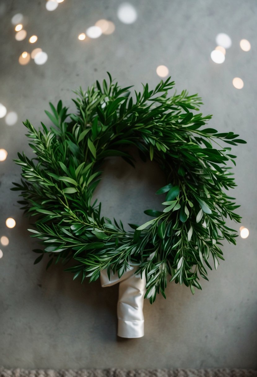 A lush green laurel wreath wedding bouquet, featuring simple, elegant greenery