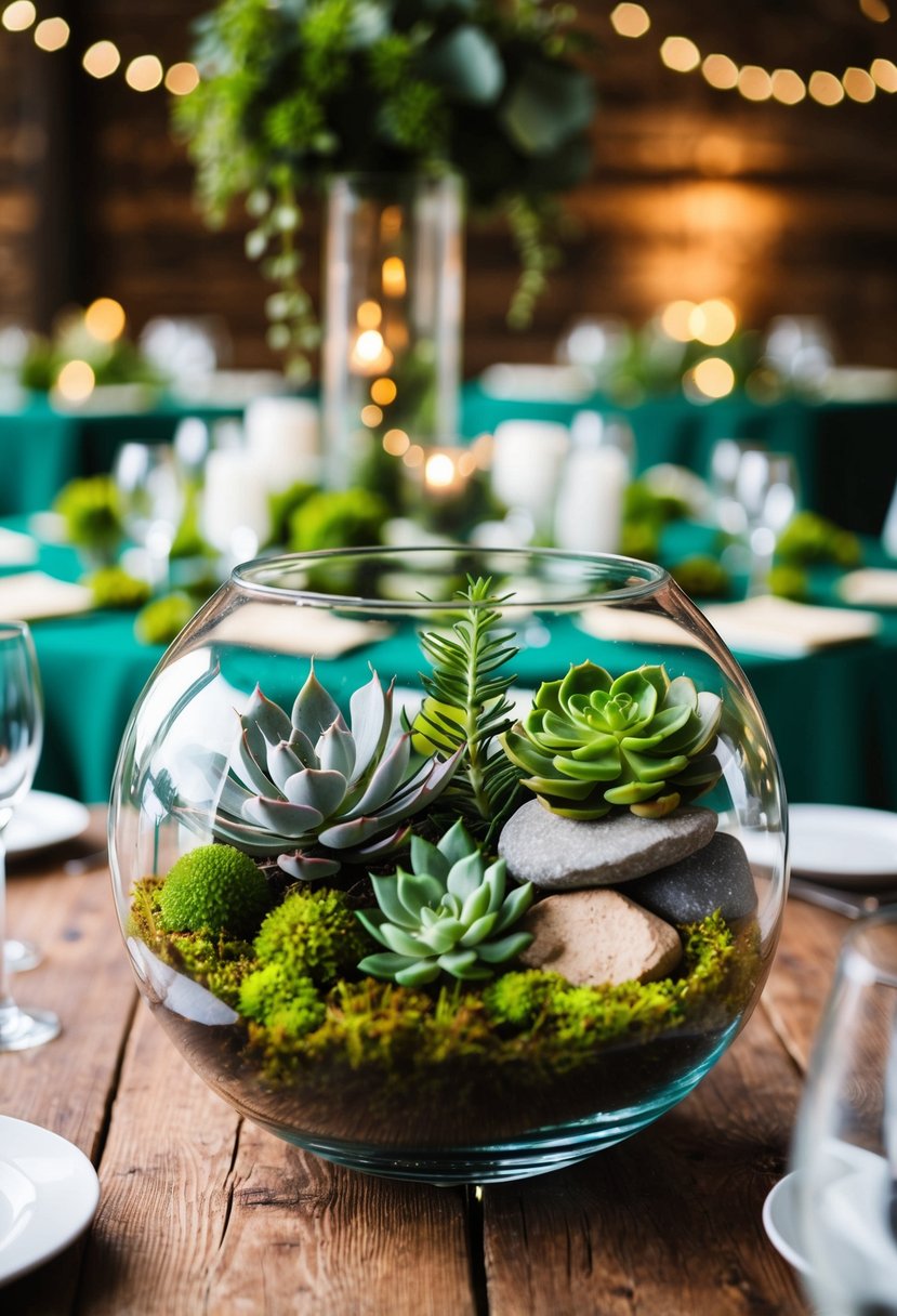 A glass terrarium filled with assorted succulents, moss, and rocks sits as a centerpiece on a rustic wooden table at a green-themed wedding reception