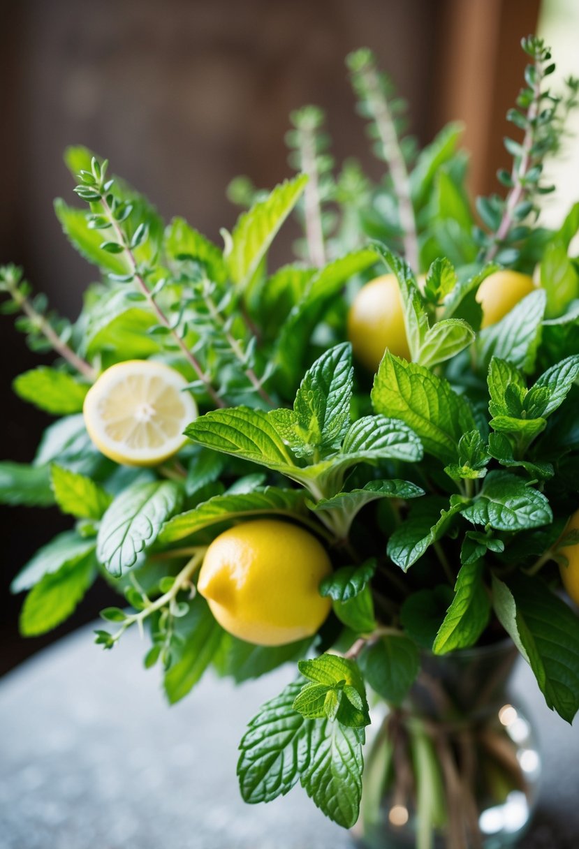 A vibrant bouquet of mint and lemon leaves intertwined with delicate greenery