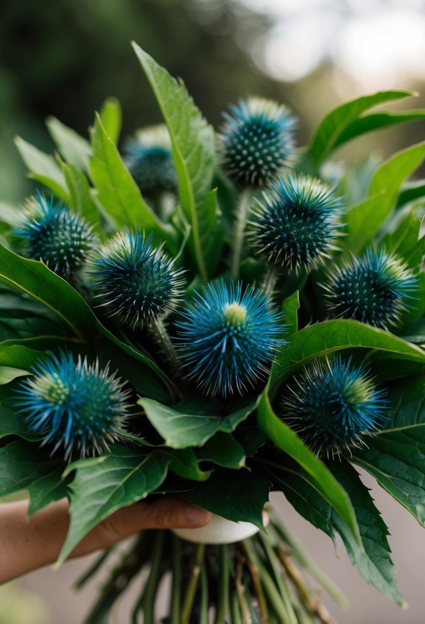 Lush green foliage with vibrant blue thistles in a dark green wedding bouquet