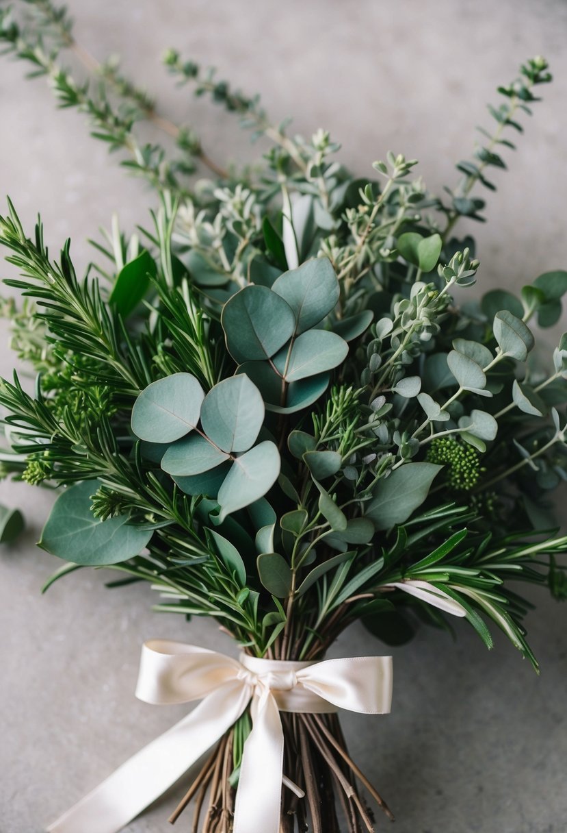 A lush bouquet of eucalyptus and rosemary, intertwined with delicate greenery, tied with a satin ribbon