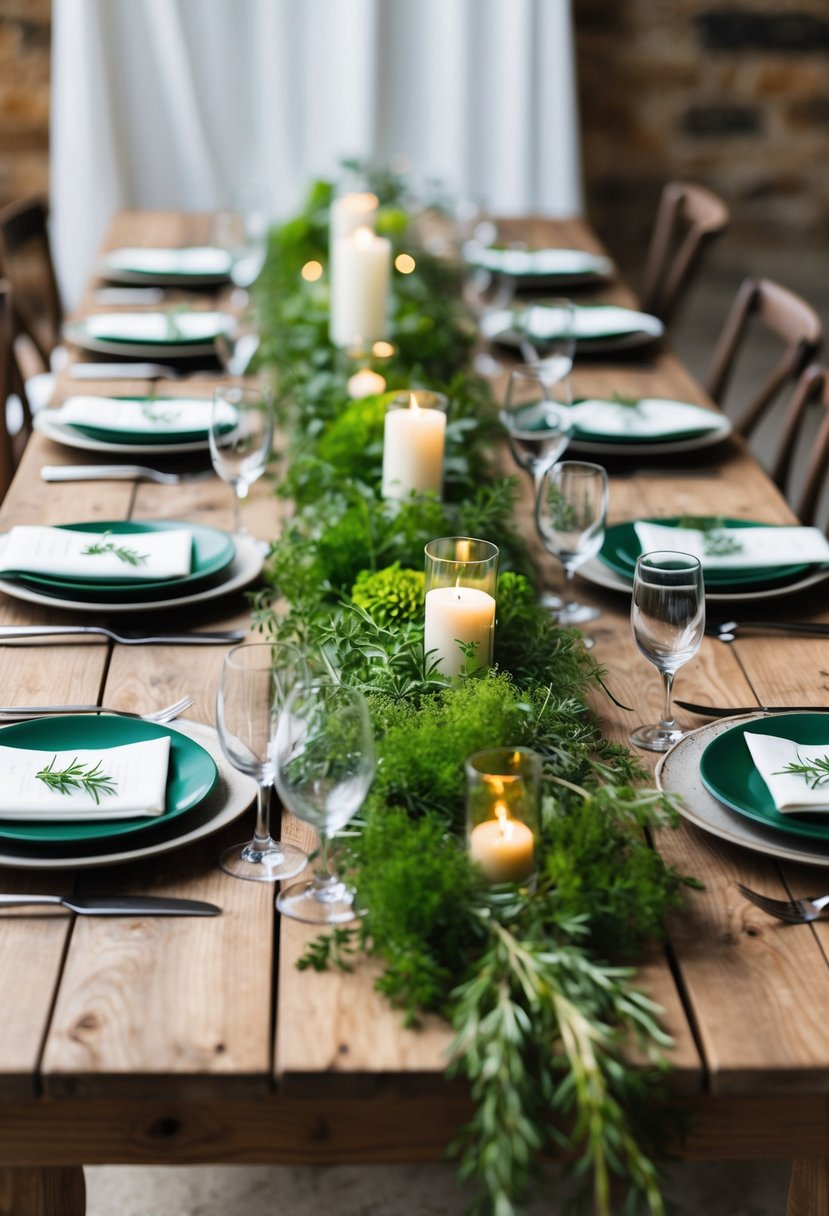 A rustic wooden table adorned with herb-filled table runners, creating a fresh and vibrant green wedding table decoration