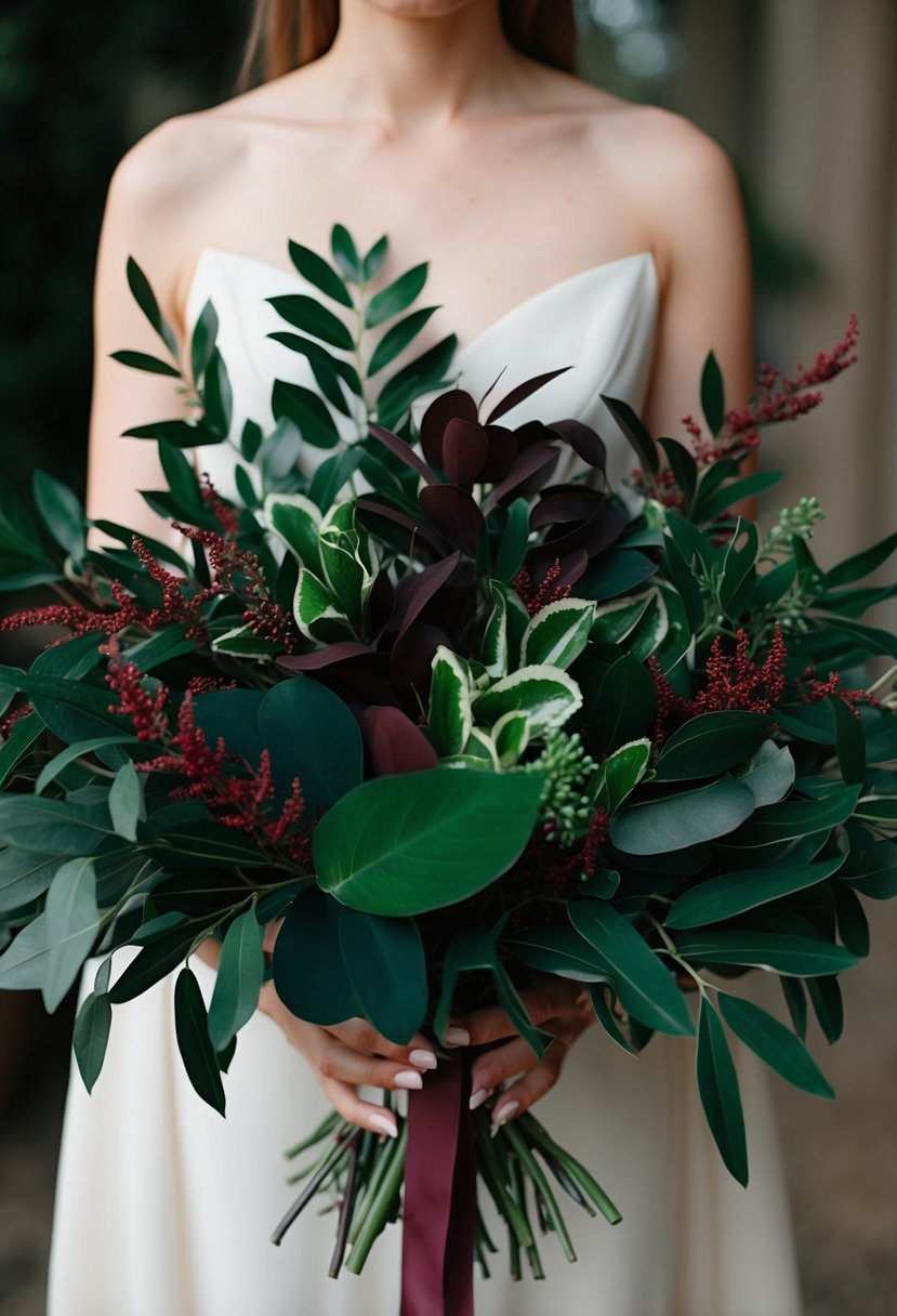 A bold laurel and dark green bouquet with burgundy accents