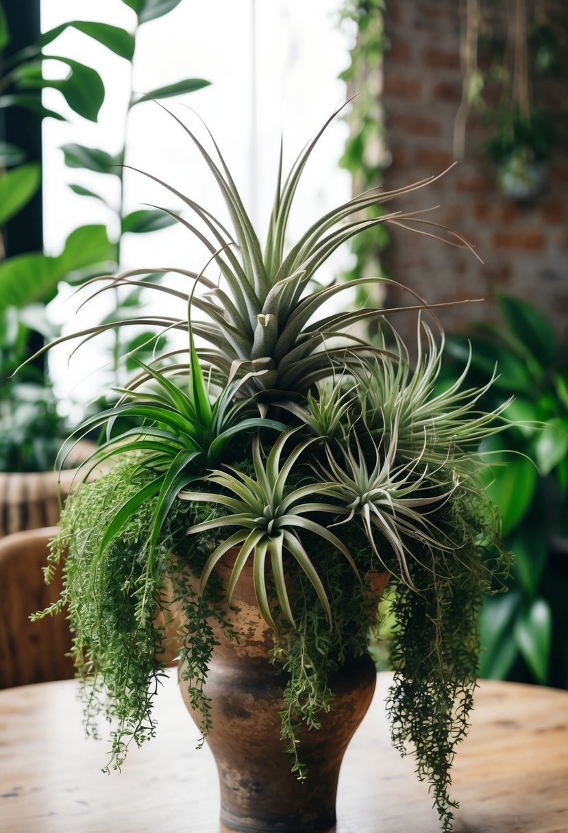 A lush, wild arrangement of air plants and greenery, cascading from a rustic, bohemian-style vase