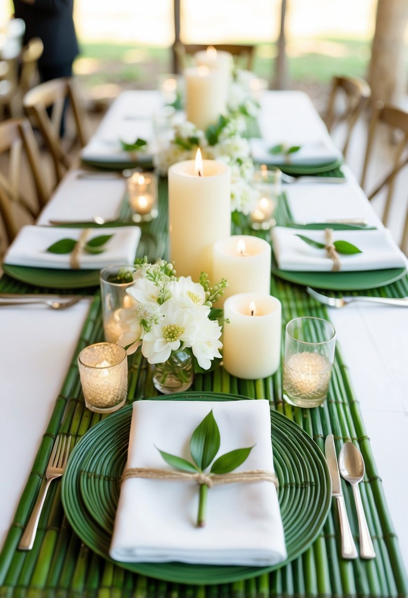 A table set with green bamboo placemats, adorned with delicate white flowers and candles, creating a serene and elegant wedding atmosphere