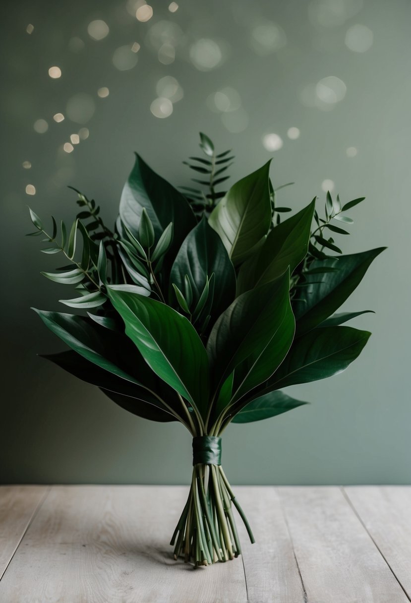 A simple bouquet of deep green leaves, arranged in a minimalist style for a dark green wedding theme