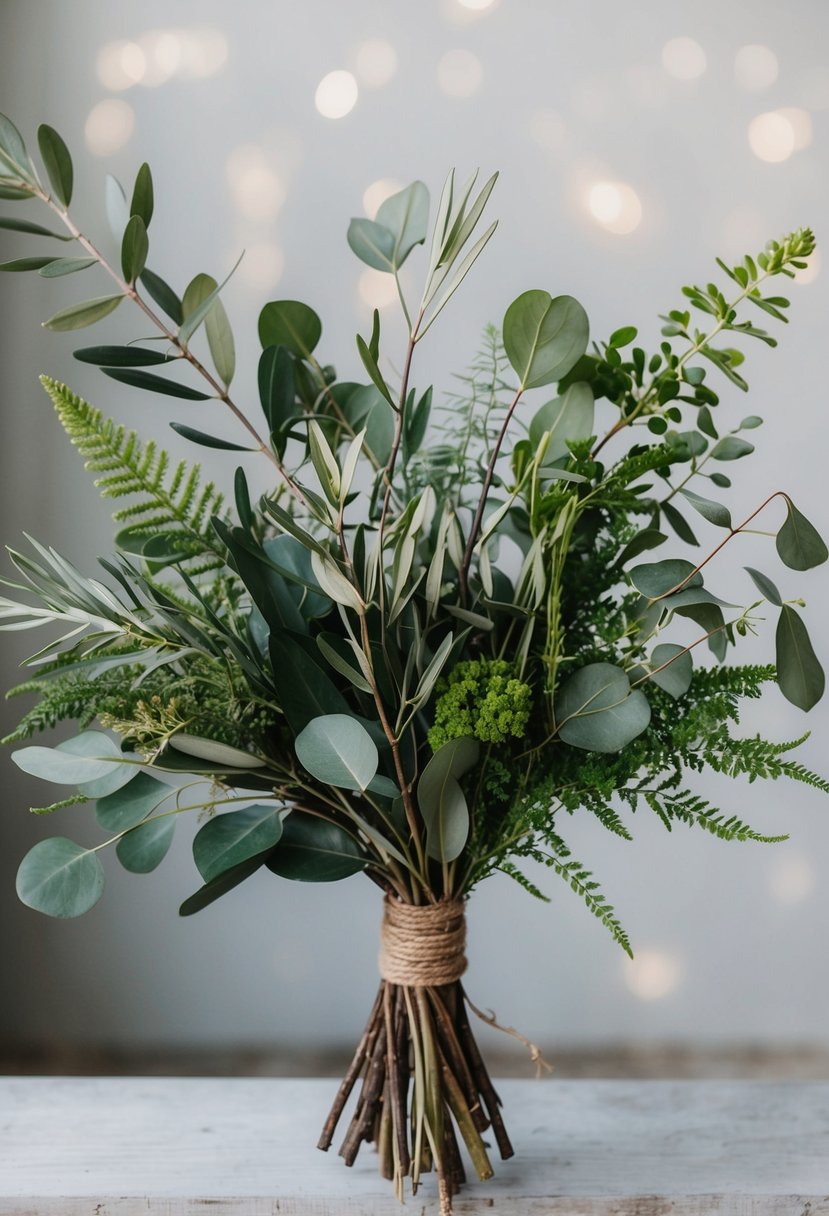 A rustic olive branch bouquet with various greenery, including eucalyptus, ferns, and herbs, arranged in a loose, natural style