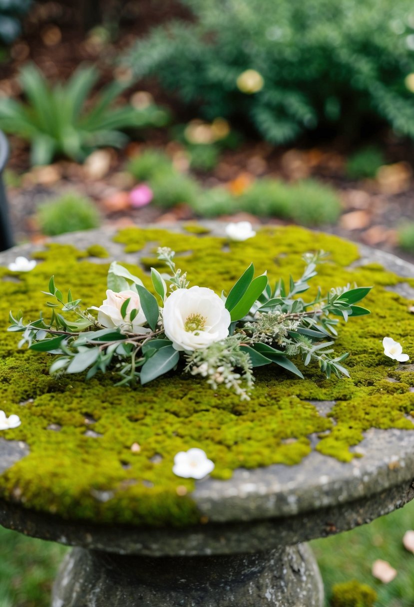 A moss-covered stone table with scattered greenery and delicate floral accents