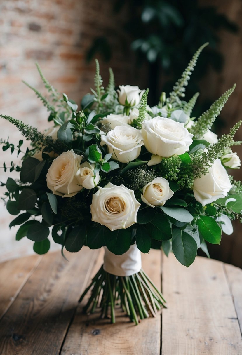 A lush bouquet of dusty miller and white roses, accented with greenery, sits atop a rustic wooden table