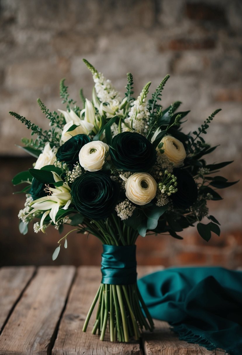 A dark green and cream bouquet of whimsical flowers in a rustic setting