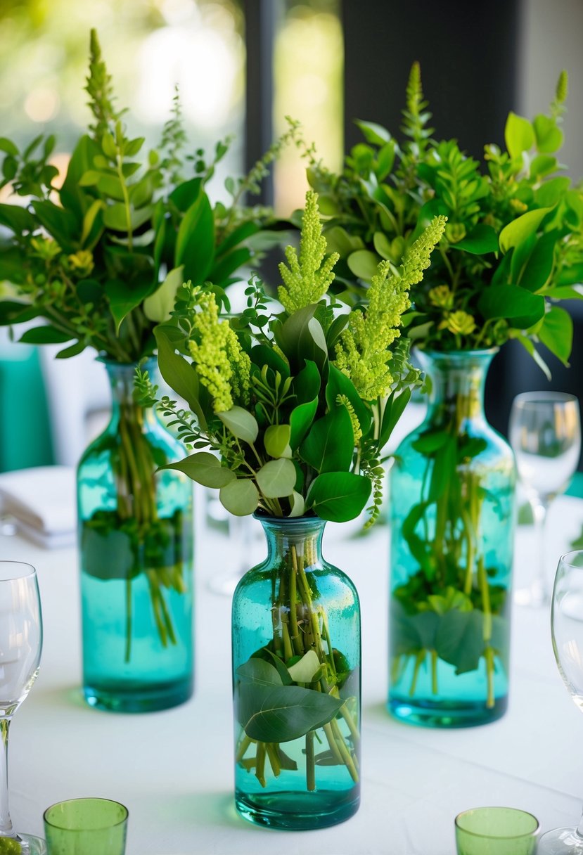 Recycled glass vases filled with lush greenery, arranged as table centerpieces for a green-themed wedding