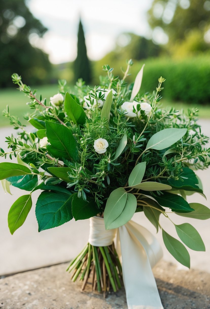 A lush wedding bouquet with fresh thyme and bay leaves, vibrant and fragrant, tied with a delicate ribbon