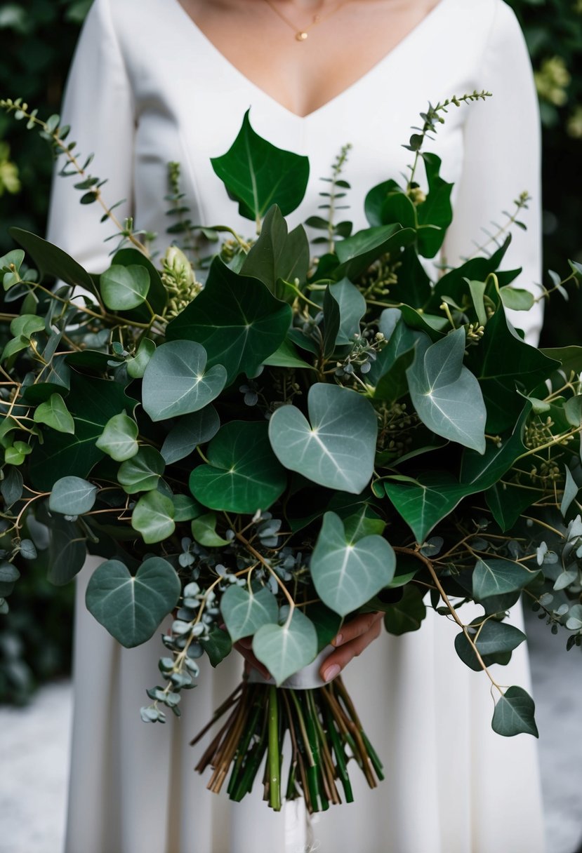 A lush, dark green bouquet of ivy and eucalyptus, intertwined with silver dollar leaves, creating a rich and elegant wedding arrangement