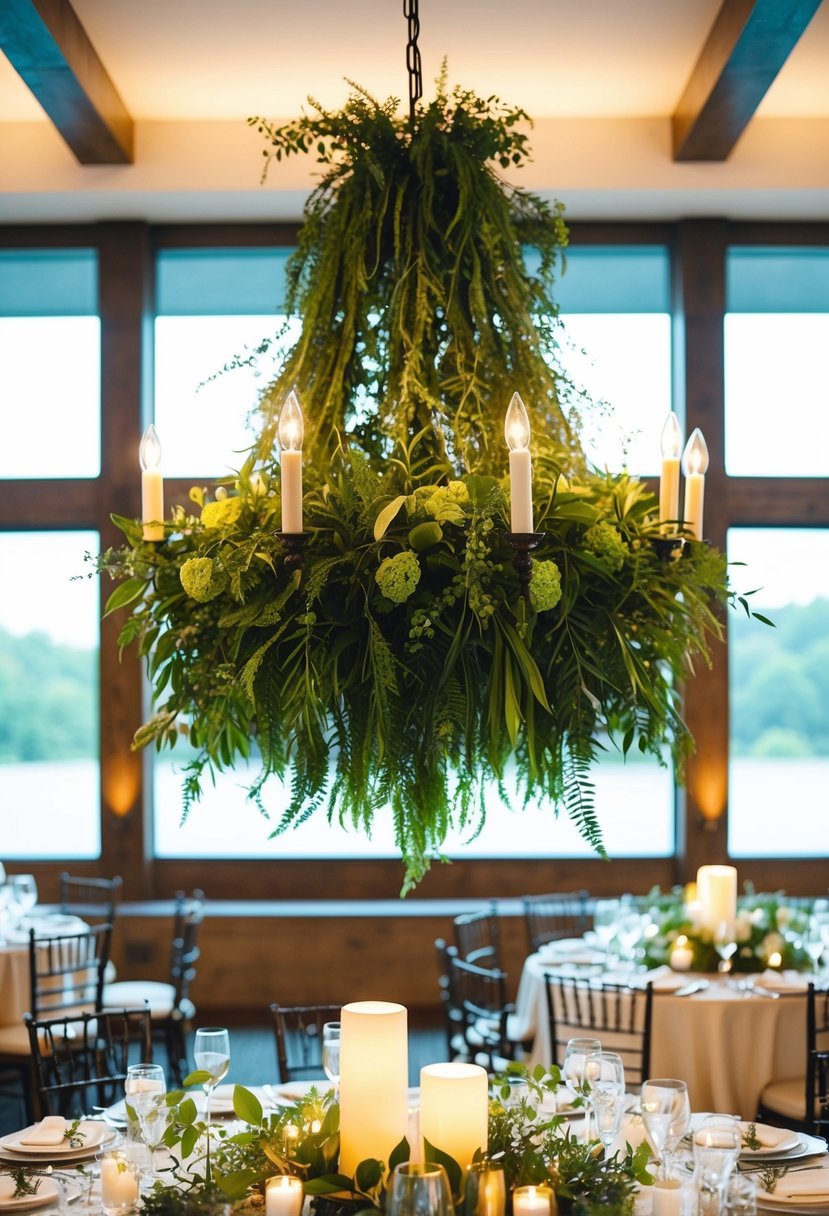 A lush green chandelier made of foliage hangs above a wedding table, creating a natural and elegant centerpiece