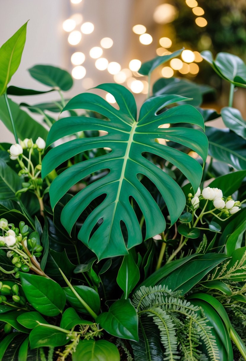 A lush, vibrant monstera leaf structure surrounded by various greenery, perfect for wedding bouquet inspiration