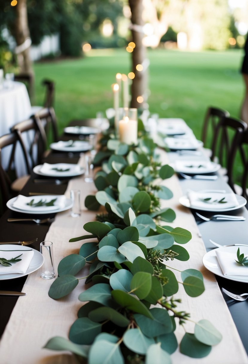 A lush eucalyptus garland runner winds along a wedding table, adding a fresh and elegant touch to the green-themed decor