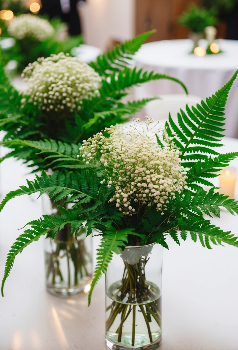 Lush green ferns and delicate baby's breath fill vases on a wedding reception table