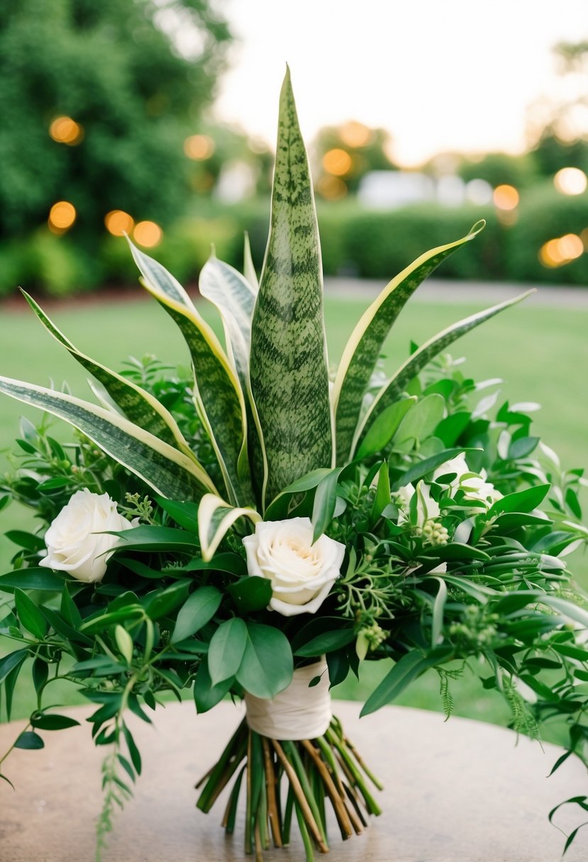 A lush, elegant snake plant accents a greenery-filled wedding bouquet